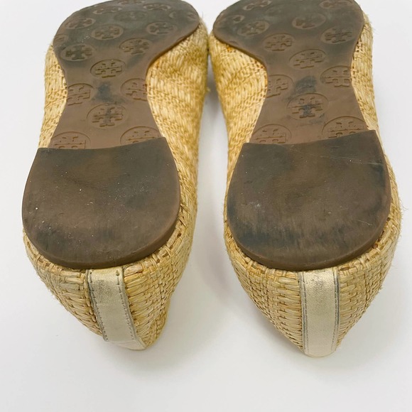 Tory Burch Reva Raffia Ballet Flats 10 Straw Cream Leather - Picture 8 of 10